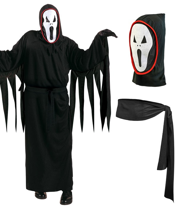 Scream Ghost Kostüm mit schwarzer Tunika, Gürtel und Maske mit Kapuze für Fasnacht