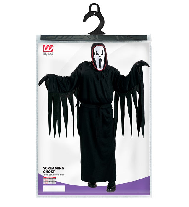 Scream Ghost Kostüm mit schwarzer Tunika, Gürtel und Maske mit Kapuze für Fasnacht