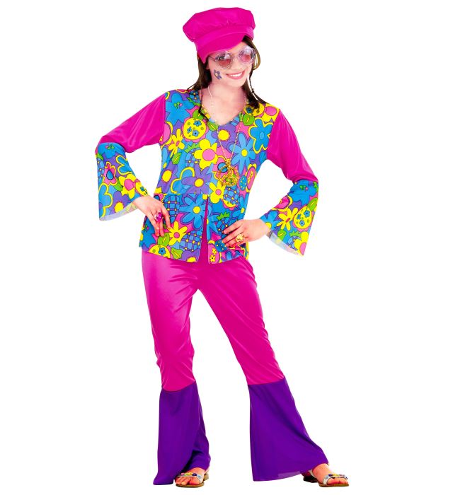 Hippie Girl Kostüm Set mit bunter Bluse, weiter Hose, Hut und Kette auf hellem Hintergrund