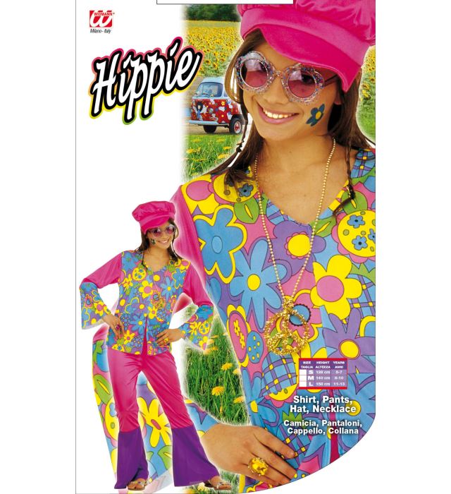 Hippie Girl Kostüm Set mit bunter Bluse, weiter Hose, Hut und Kette auf hellem Hintergrund