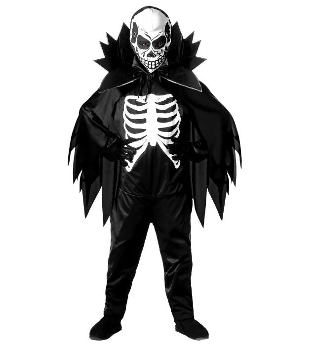 Skelett-Kostüm mit schwarzem Umhang, Halsband und Maske für Fasnacht und Halloween