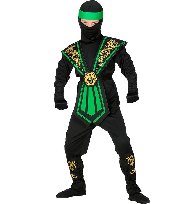 Grüner Kombat Ninja Kostüm mit Maske und Rüstung auf neutralem Hintergrund