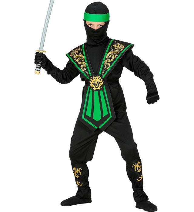 Grüner Kombat Ninja Kostüm mit Maske und Rüstung auf neutralem Hintergrund