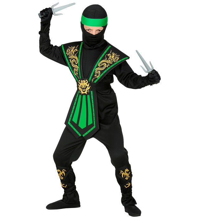 Grüner Kombat Ninja Kostüm mit Maske und Rüstung auf neutralem Hintergrund