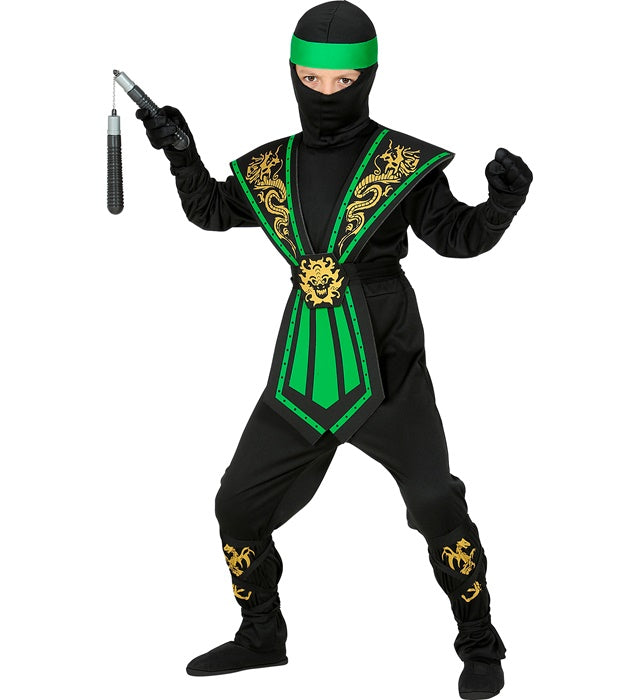 Grüner Kombat Ninja Kostüm mit Maske und Rüstung auf neutralem Hintergrund
