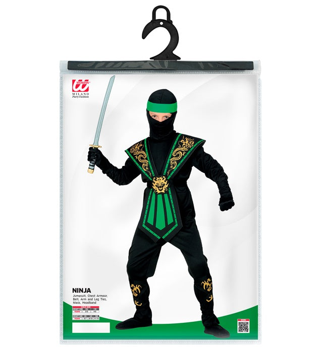 Grüner Kombat Ninja Kostüm mit Maske und Rüstung auf neutralem Hintergrund