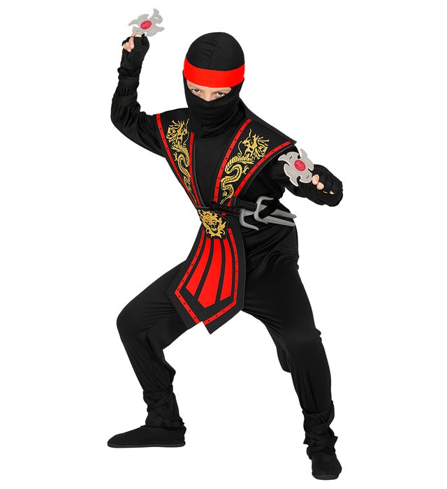 Roter Kombat Ninja Kostüm mit Overall, Brustrüstung, Maske und Waffen-Set