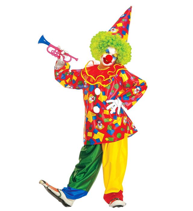 Buntes Clown-Kostüm bestehend aus Oberteil mit Kragen, Hose und Hut