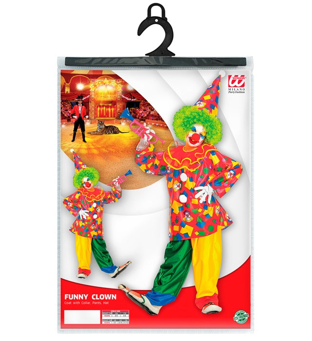 Buntes Clown-Kostüm bestehend aus Oberteil mit Kragen, Hose und Hut