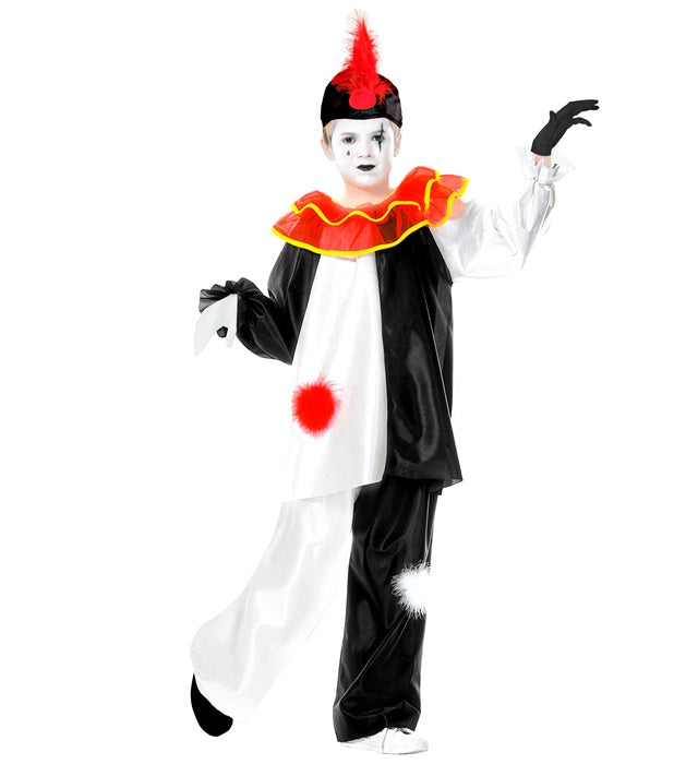 Pierrot Kostüm mit schwarzem Mantel, weißem Kragen, Hose und Hut für Fasnacht