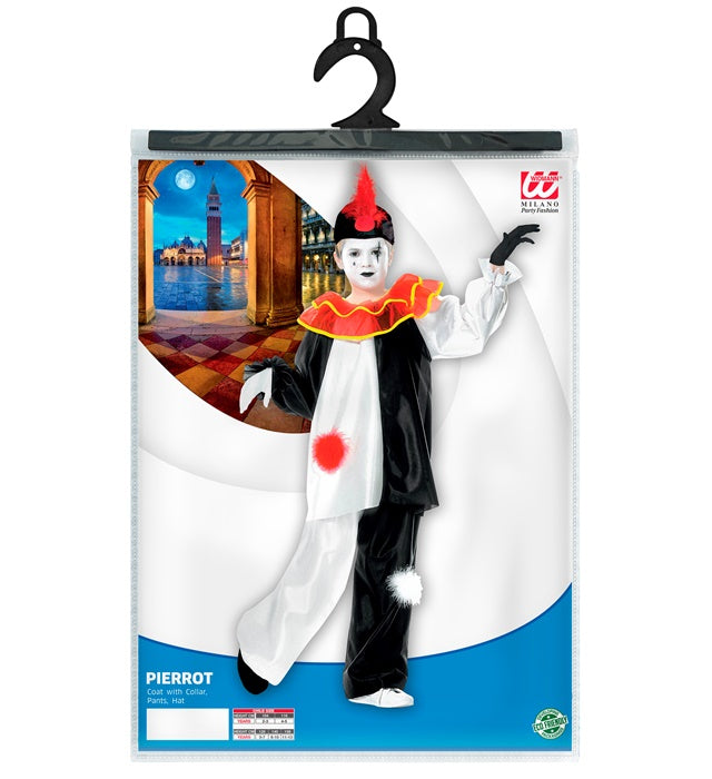 Pierrot Kostüm mit schwarzem Mantel, weißem Kragen, Hose und Hut für Fasnacht