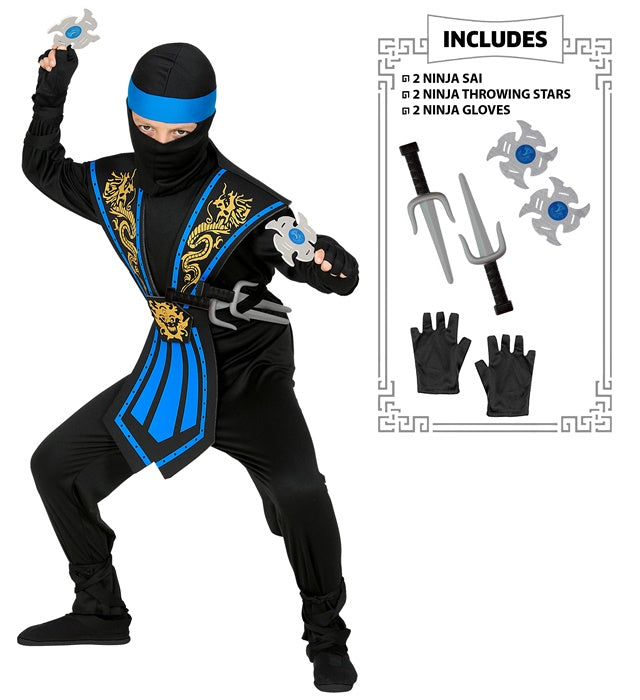 Blauer Kombat Ninja Kostüm mit Waffen-Set bestehend aus Overall, Brustrüstung, Maske und Ninjawaffen