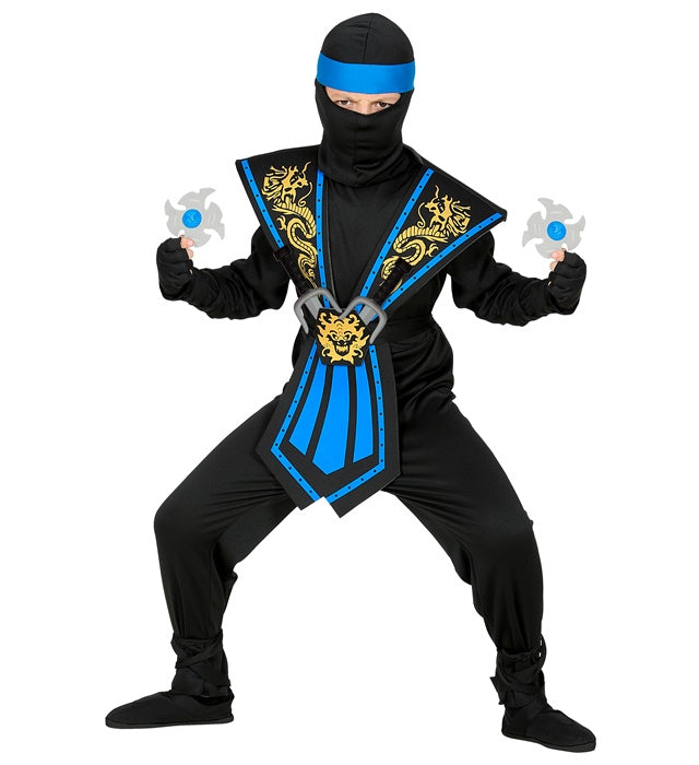 Blauer Kombat Ninja Kostüm mit Waffen-Set bestehend aus Overall, Brustrüstung, Maske und Ninjawaffen