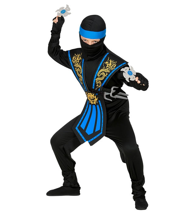 Blauer Kombat Ninja Kostüm mit Waffen-Set bestehend aus Overall, Brustrüstung, Maske und Ninjawaffen