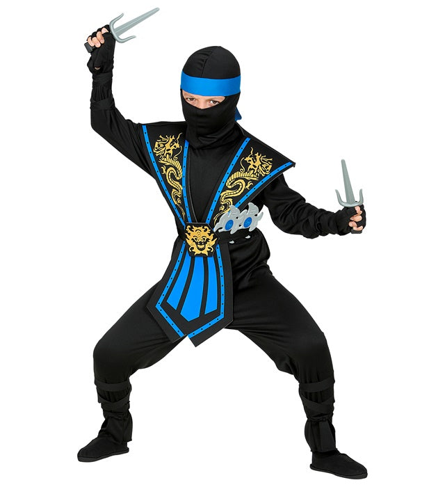 Blauer Kombat Ninja Kostüm mit Waffen-Set bestehend aus Overall, Brustrüstung, Maske und Ninjawaffen