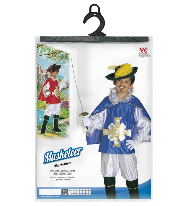 Musketier-Kostüm mit Hemd, Mantel, Hose, Überstiefeln und Umhang in zwei Farbvarianten