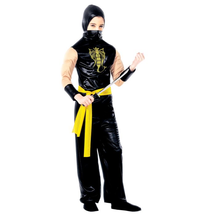 Power Ninja Kostüm mit Kapuzenoberteil und muskulösen Armen für Fasnacht