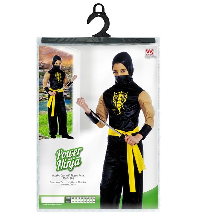 Power Ninja Kostüm mit Kapuzenoberteil und muskulösen Armen für Fasnacht