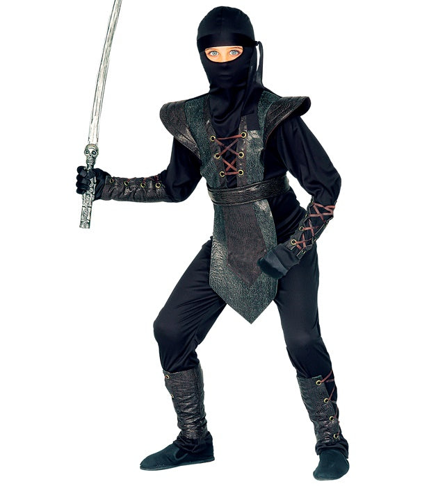 Ninja Master Kostüm Set mit Maske, Gürtel, Armbändern und Kopfband in Schwarz