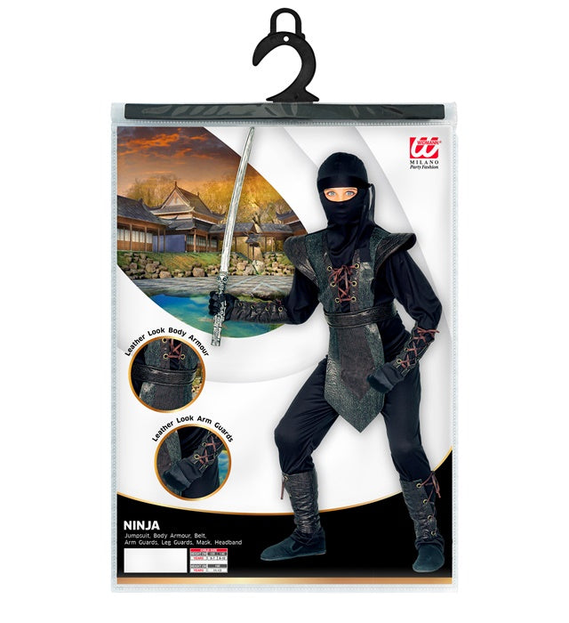 Ninja Master Kostüm Set mit Maske, Gürtel, Armbändern und Kopfband in Schwarz