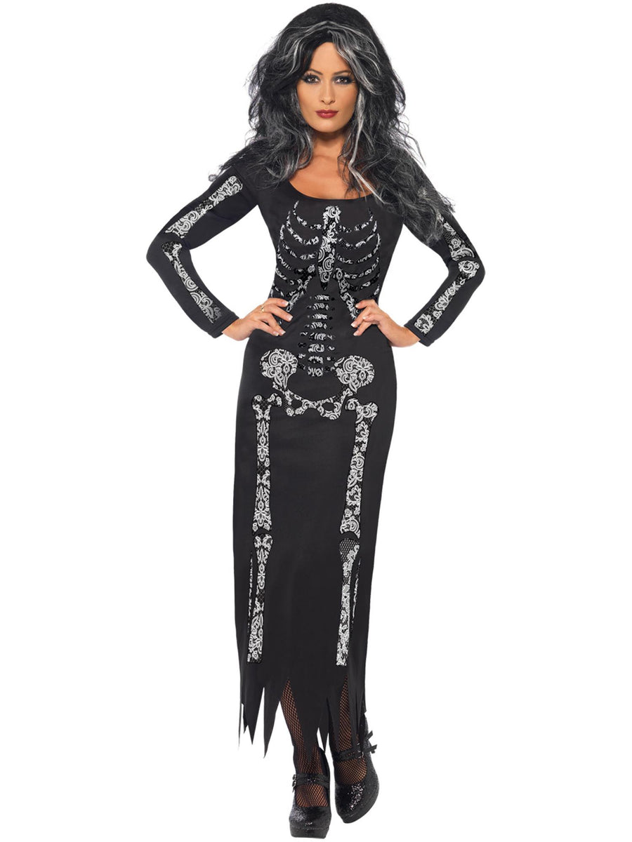 Smiffys schwarzes Skeleton-Kostüm für Damen mit langärmligem Tube-Kleid – Produktansicht