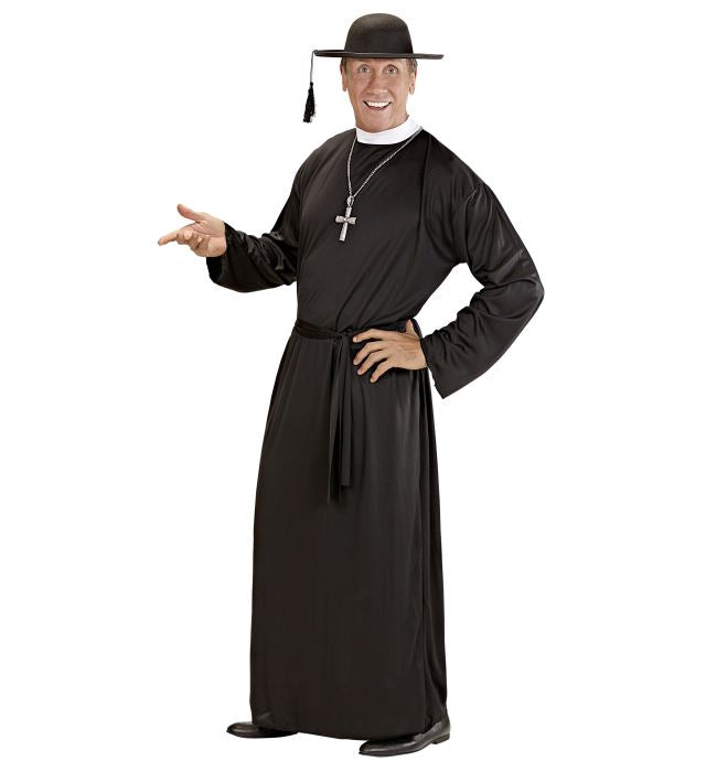 Priester-Kostüm mit schwarzer Robe und Gürtel für Fasnacht und Karneval