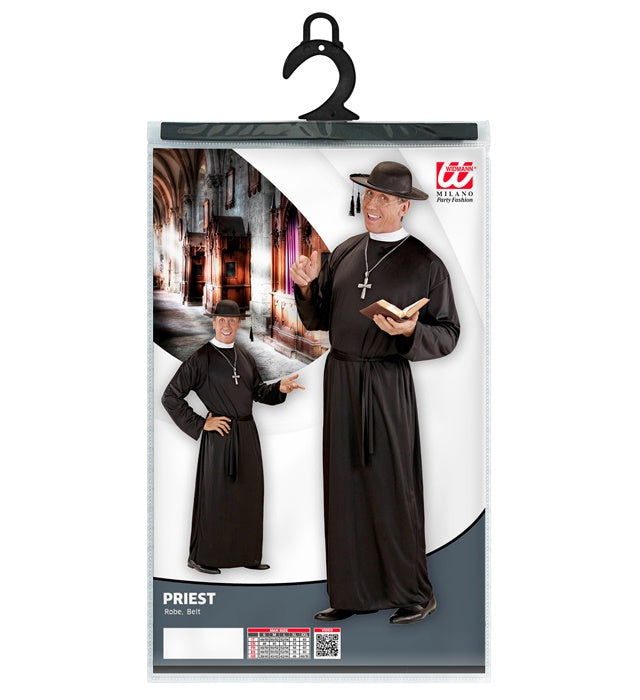 Priester-Kostüm mit schwarzer Robe und Gürtel für Fasnacht und Karneval