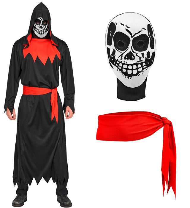 Böses Phantom Kostüm mit schwarzer Kapuzenrobe, Gürtel und Maske