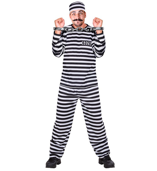 Häftling-Kostüm weiss schwarz mit Oberteil, Hose und Mütze für Fasnacht
