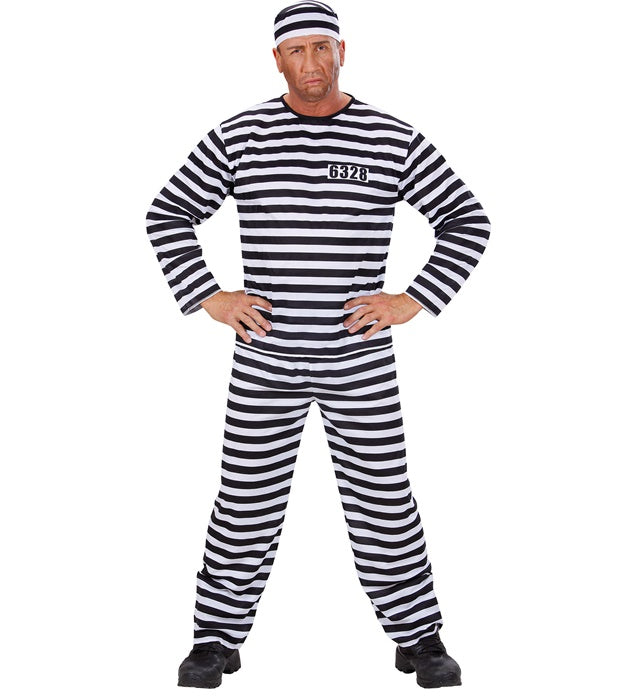 Häftling-Kostüm weiss schwarz mit Oberteil, Hose und Mütze für Fasnacht