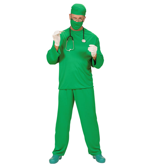 Chirurgen-Kostüm mit Oberteil, Hose, Kopfbedeckung und Mundschutz auf weissem Hintergrund