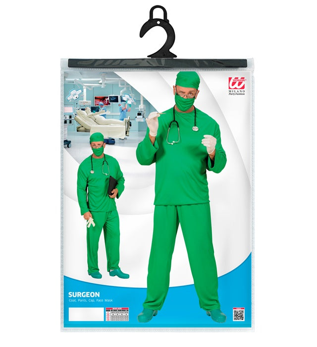 Chirurgen-Kostüm mit Oberteil, Hose, Kopfbedeckung und Mundschutz auf weissem Hintergrund