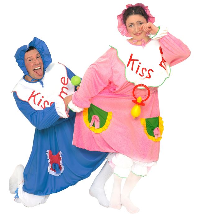 Baby-Kostüm hellblau und rosa mit Lätzchen, Beinlingen und Haube