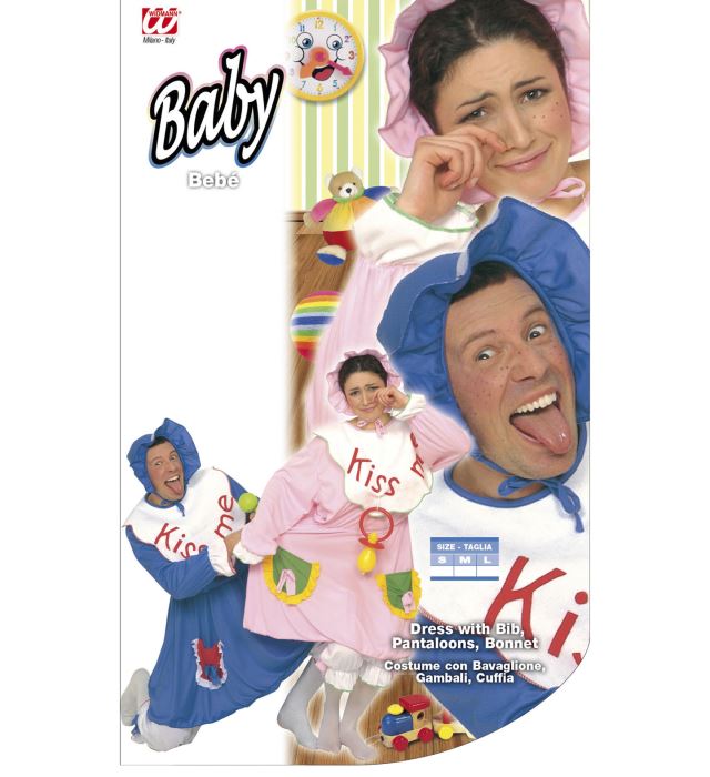 Baby-Kostüm hellblau und rosa mit Lätzchen, Beinlingen und Haube