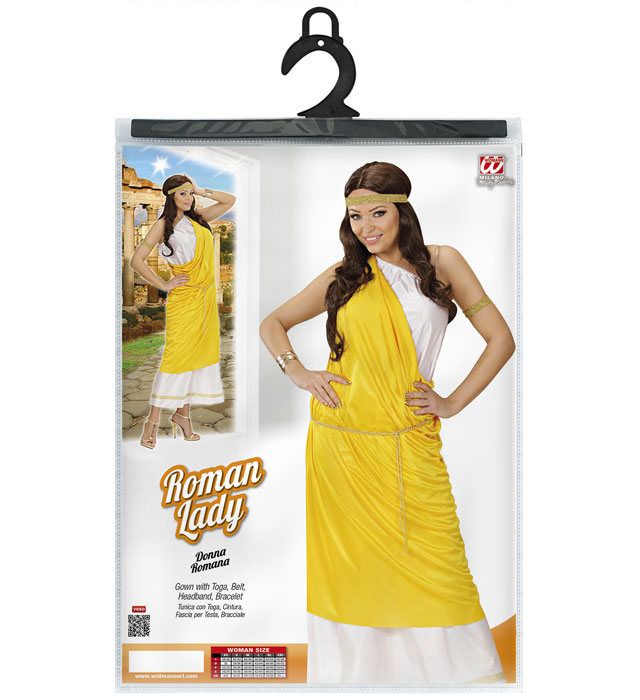 Römerinnen-Kostüm mit Tunika, Robe, Gürtel, Haarband und Armband auf weißem Hintergrund