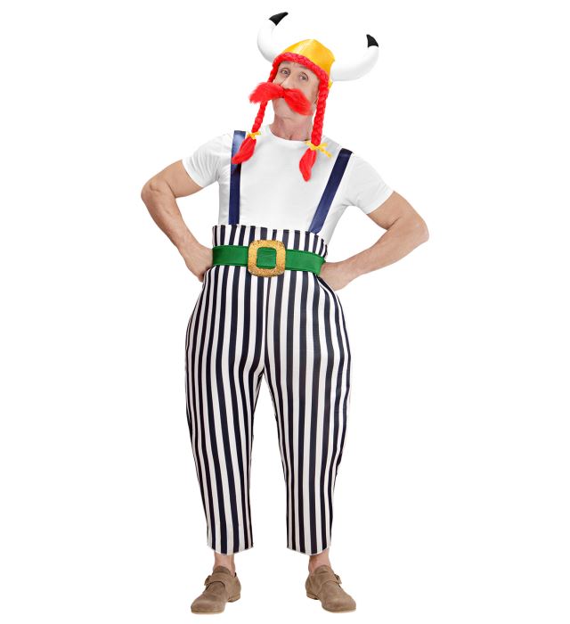 Gallier-Kostüm mit Helm, Maxi-Hose, Hosenträgern und Schnurrbart für Fasnacht