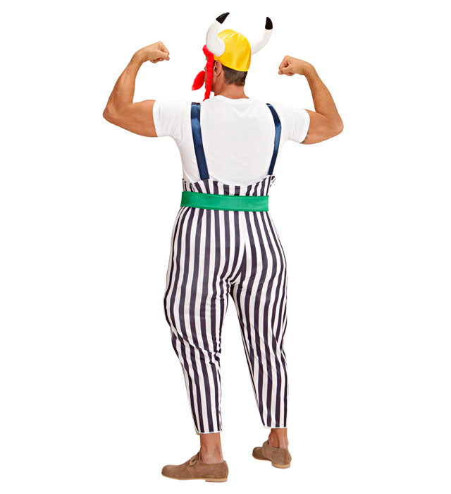 Gallier-Kostüm mit Helm, Maxi-Hose, Hosenträgern und Schnurrbart für Fasnacht