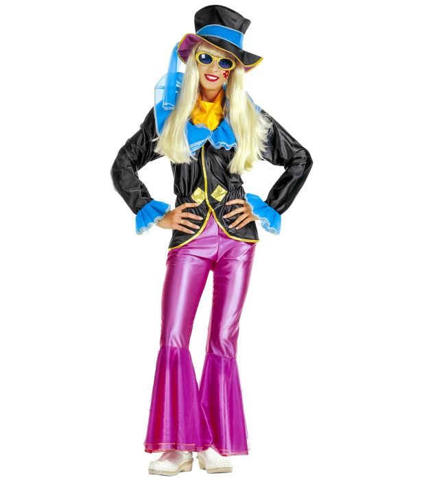 Hippie Girl Kostüm mit bunter Weste, Hose, Hut und Halstuch für Fasnacht