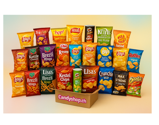 Bunte Chips Monats Überraschungsbox mit verschiedenen Geschmacksrichtungen und Marken.