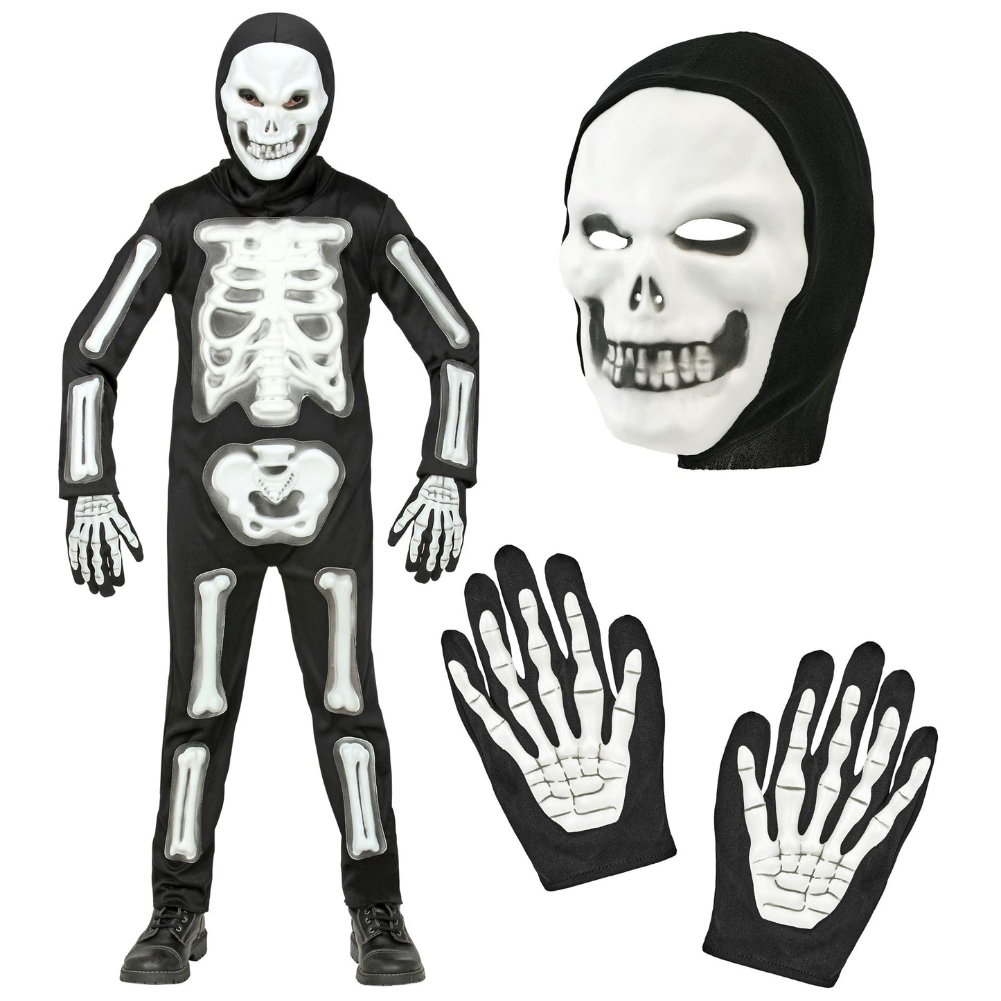"3D SKELETT" (Overall, Maske mit Kapuze, Handschuhe) – Detailansicht