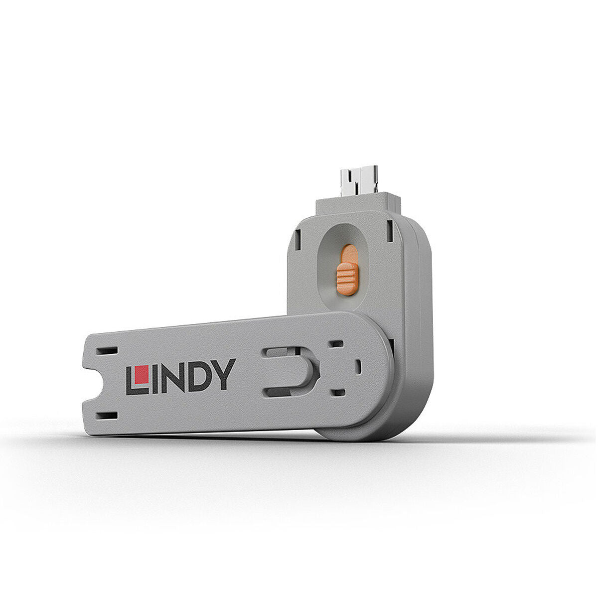 LINDY Sicherheitssperre mit USB-Anschluss in Grau und Orange – Produktansicht