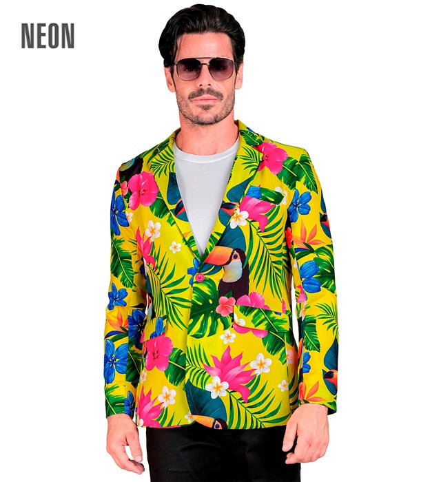 Neon Tropicana Party Jackett mit leuchtendem tropischem Muster für Fasnacht und Karneval