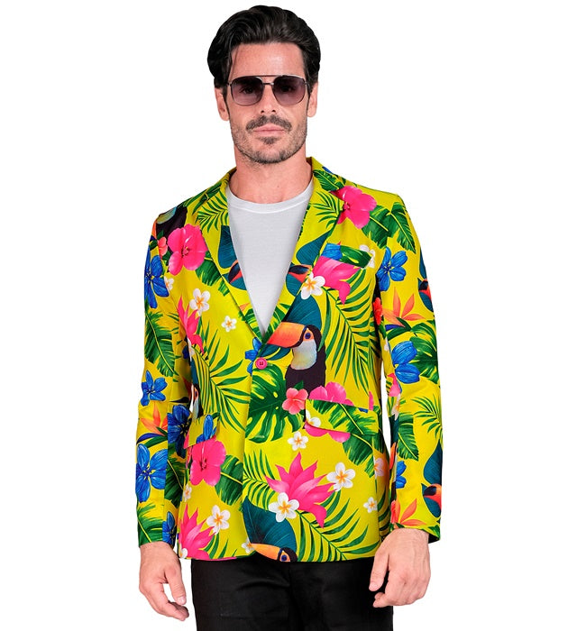 Neon Tropicana Party Jackett mit leuchtendem tropischem Muster für Fasnacht und Karneval