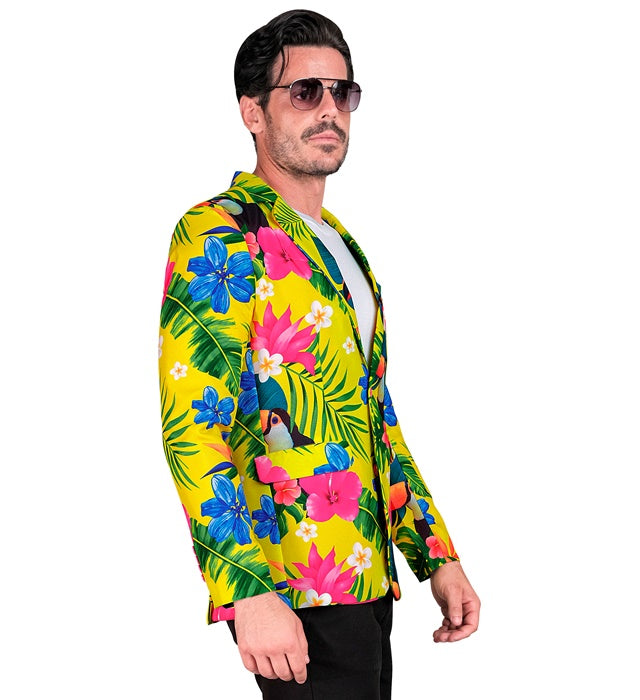 Neon Tropicana Party Jackett mit leuchtendem tropischem Muster für Fasnacht und Karneval