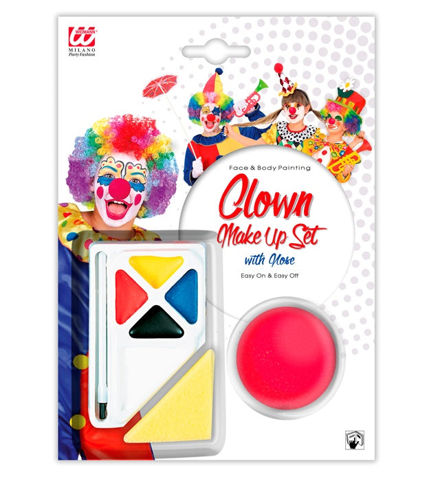 Clown Schminkset mit vier Farben, Pinsel, Schwamm und roter Clownsnase auf weißem Hintergrund