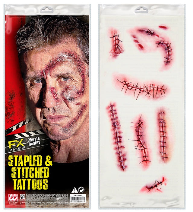Set aus 10 Wund Tattoos mit genähtem und geklammertem Design für Piratenkostüme