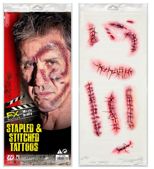 Set aus 10 Wund Tattoos mit genähtem und geklammertem Design für Piratenkostüme