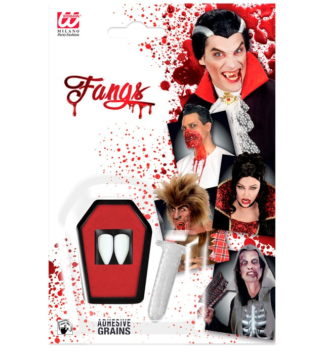Professionelle Vampirzähne mit Kleberperlen im Sarg für Halloween und Fasnacht