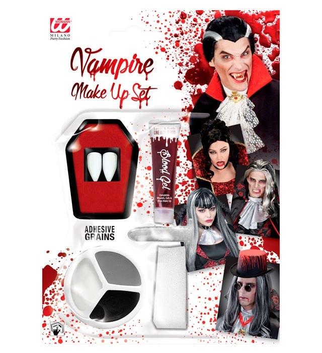 Vampir-Schminke Set mit zwei Eckzähnen, Blutgel und Make-Up für Halloween