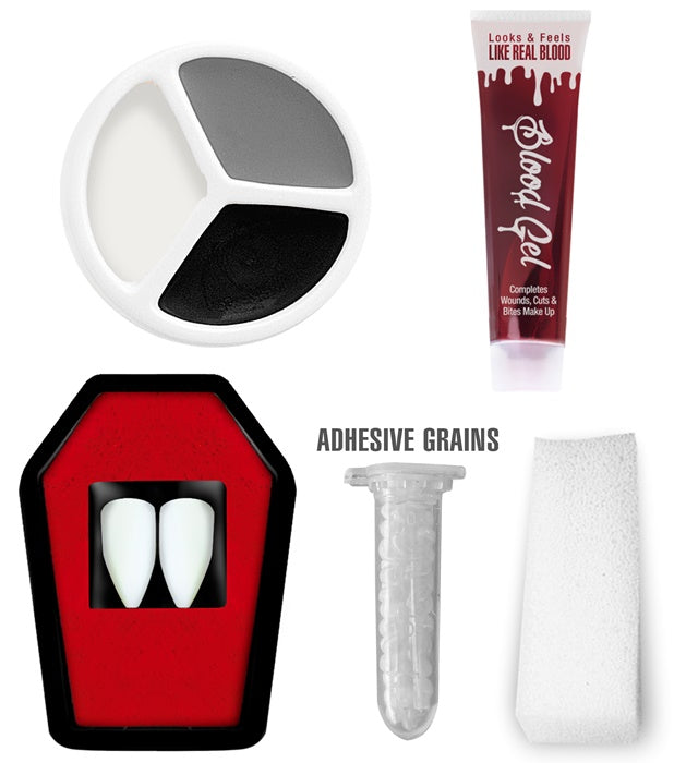 Vampir-Schminke Set mit zwei Eckzähnen, Blutgel und Make-Up für Halloween